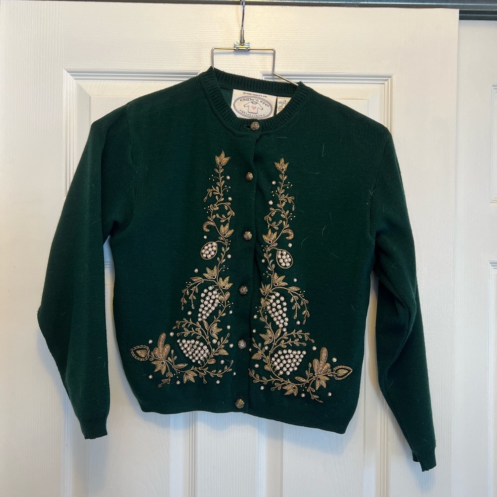 Eagles Eye Vintage Floral Embroidery Wool Cardigan Sweater Size Small